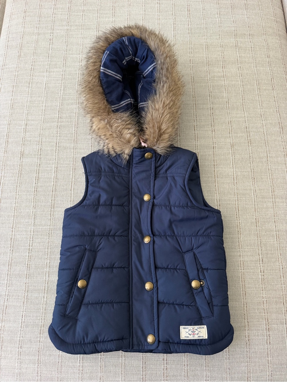 Joules Navy Quilted Kids Hooded Vest with Faux Fur Trim